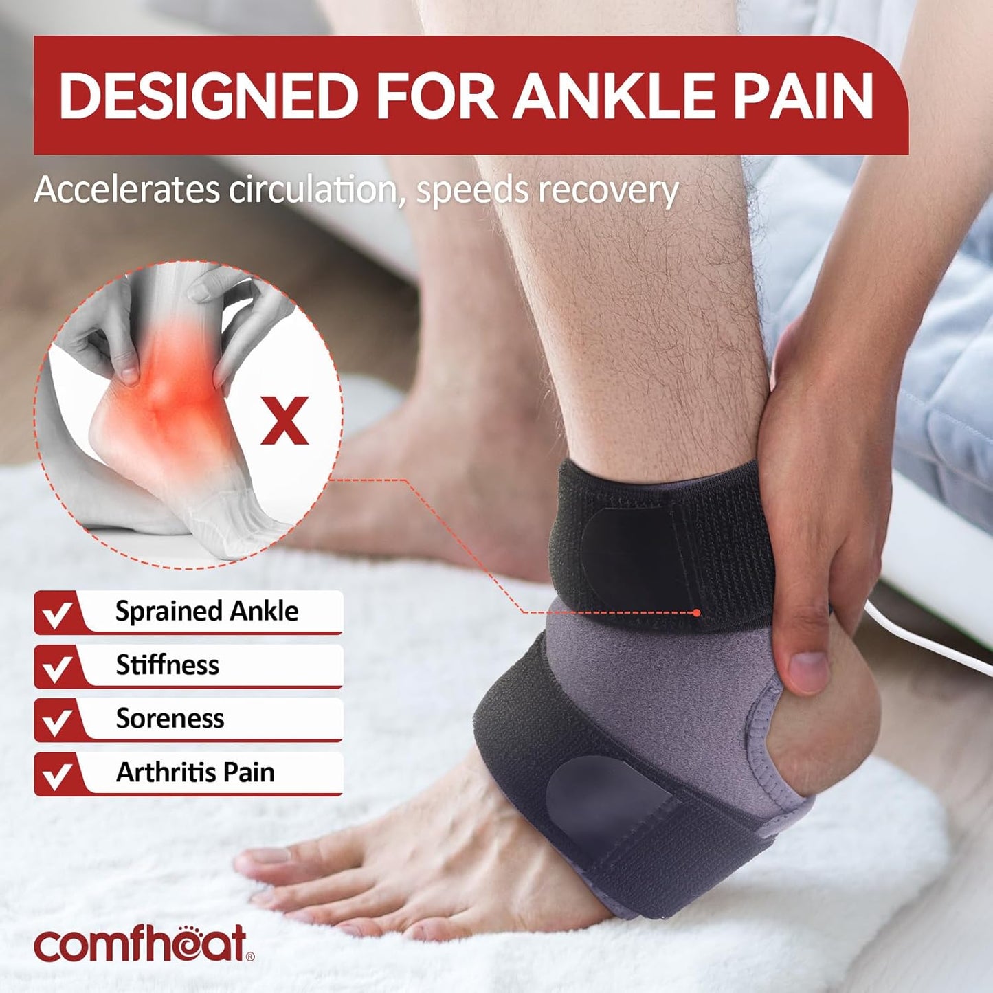 Heated Ankle Wrap for Ankle Arthritis Pain Relief, USB Ankle Heating Pad with 3 Heat Settings, Auto Shut Off, Heat Therapy for Sprains, Strains, Post-Surgical, 1 Pack