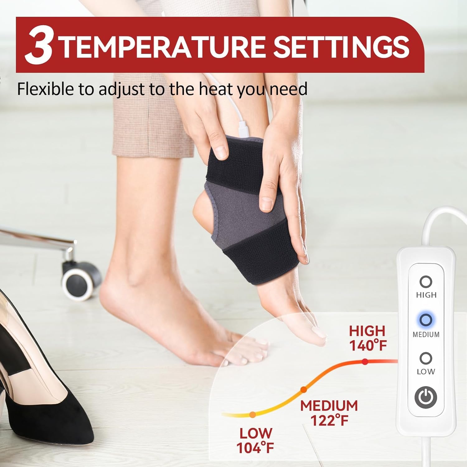 Heated Ankle Wrap for Ankle Arthritis Pain Relief, USB Ankle Heating Pad with 3 Heat Settings, Auto Shut Off, Heat Therapy for Sprains, Strains, Post-Surgical, 1 Pack